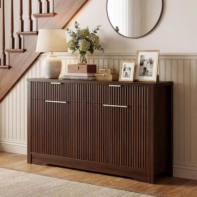 Alt view image 2 of 7 - 55" Fluted Buffet Cabinet with Storage, Modern Sideboard Credenza with Adjustable Shelves & Drawers, Coffee Bar Table for Dining Room, Entryway, Kitchen, Black Walnut