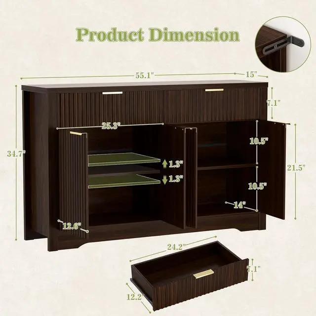Alt view image 3 of 7 - 55" Fluted Buffet Cabinet with Storage, Modern Sideboard Credenza with Adjustable Shelves & Drawers, Coffee Bar Table for Dining Room, Entryway, Kitchen, Black Walnut