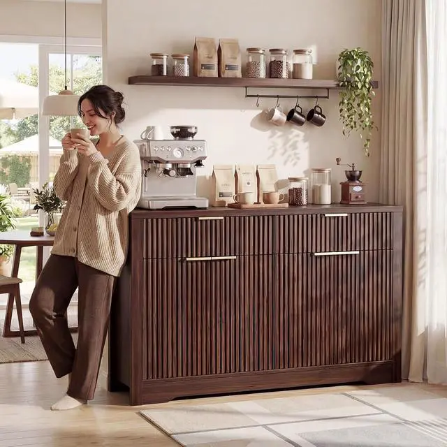 Alt view image 4 of 7 - 55" Fluted Buffet Cabinet with Storage, Modern Sideboard Credenza with Adjustable Shelves & Drawers, Coffee Bar Table for Dining Room, Entryway, Kitchen, Black Walnut
