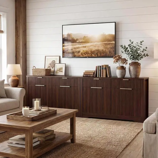 Alt view image 5 of 7 - 55" Fluted Buffet Cabinet with Storage, Modern Sideboard Credenza with Adjustable Shelves & Drawers, Coffee Bar Table for Dining Room, Entryway, Kitchen, Black Walnut