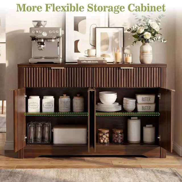 Alt view image 7 of 7 - 55" Fluted Buffet Cabinet with Storage, Modern Sideboard Credenza with Adjustable Shelves & Drawers, Coffee Bar Table for Dining Room, Entryway, Kitchen, Black Walnut