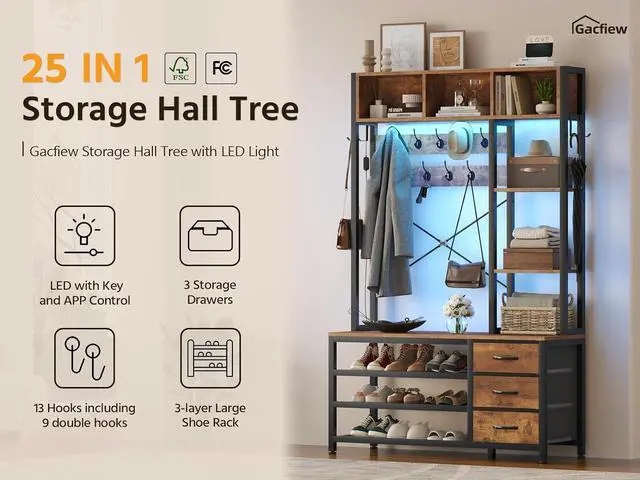 Alt view image 2 of 7 - 39.4'' Hall Tree with Bench and Shoe Storage, Entryway Bench with Coat Rack, 25-in-1 Tall Hall Tree with Led Lights (Rustic)