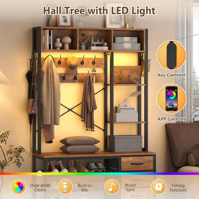 Alt view image 3 of 7 - 39.4'' Hall Tree with Bench and Shoe Storage, Entryway Bench with Coat Rack, 25-in-1 Tall Hall Tree with Led Lights (Rustic)