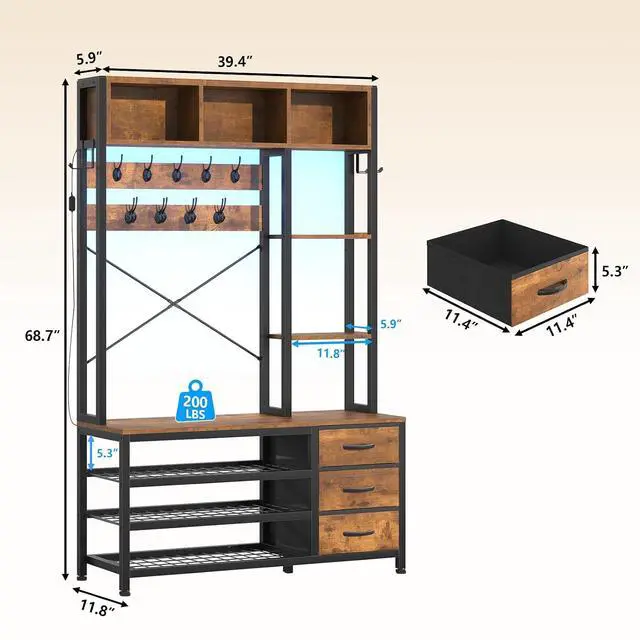 Alt view image 4 of 7 - 39.4'' Hall Tree with Bench and Shoe Storage, Entryway Bench with Coat Rack, 25-in-1 Tall Hall Tree with Led Lights (Rustic)