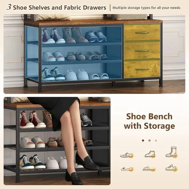 Alt view image 6 of 7 - 39.4'' Hall Tree with Bench and Shoe Storage, Entryway Bench with Coat Rack, 25-in-1 Tall Hall Tree with Led Lights (Rustic)