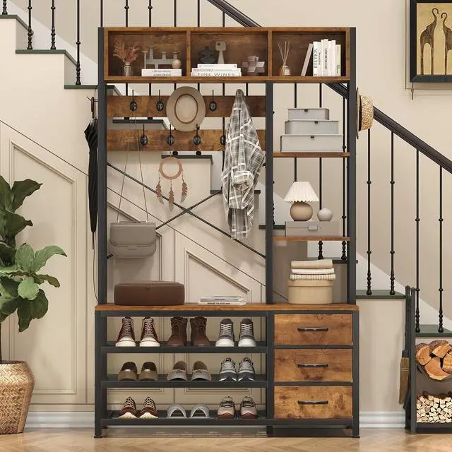 Alt view image 5 of 7 - 39.4'' Hall Tree with Bench and Shoe Storage, Entryway Bench with Coat Rack, 25-in-1 Tall Hall Tree with Led Lights (Rustic)