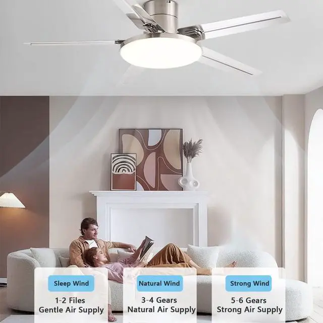 Alt view image 4 of 7 - 52 Inch Ceiling Fan with Lights and Remote 3 Color Dimmable Bedroom Ceiling Fan Modern Stainless Steel Simple Fan Light LED Low Profile Ceiling Fan with Light Mute Living Room Ceiling Fan