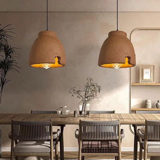 Alt view image 4 of 7 - Vintage polystyrene Pendant Light Japanese Wabi-Sabi Style Bird Nest Pendant lamp Modern Indoor Notch Design Ceiling Pendant Fixtures for Kitchen Island Bedroom Dining Lighting(Brown)