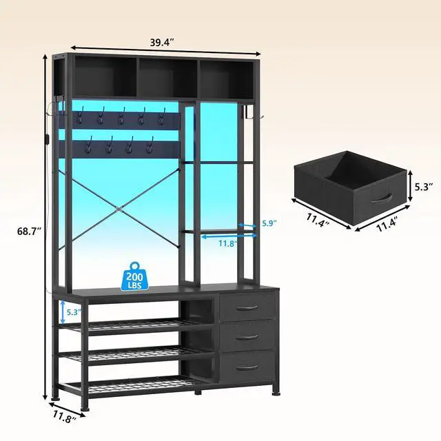Alt view image 2 of 7 - 39.4'' Hall Tree with Bench and Shoe Storage, Entryway Bench with Coat Rack, 25-in-1 Tall Hall Tree with Led Lights (Black)