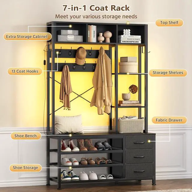 Alt view image 3 of 7 - 39.4'' Hall Tree with Bench and Shoe Storage, Entryway Bench with Coat Rack, 25-in-1 Tall Hall Tree with Led Lights (Black)