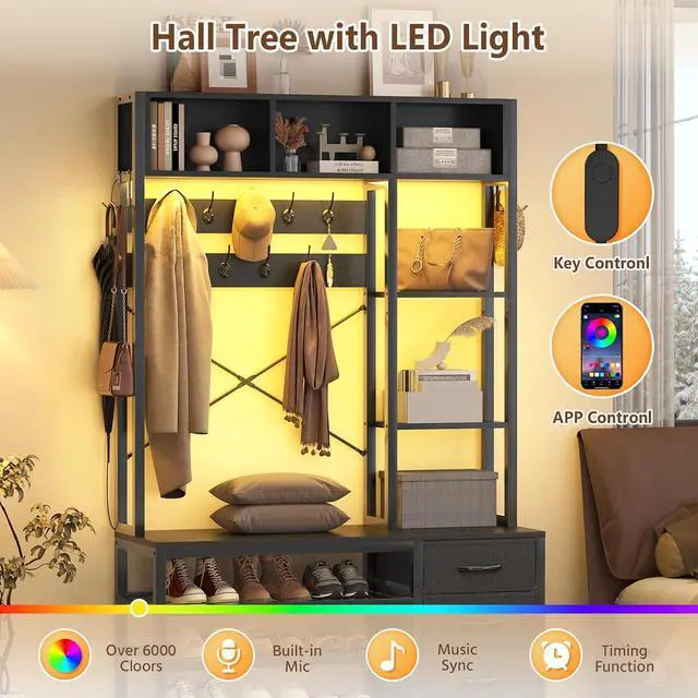 Alt view image 4 of 7 - 39.4'' Hall Tree with Bench and Shoe Storage, Entryway Bench with Coat Rack, 25-in-1 Tall Hall Tree with Led Lights (Black)