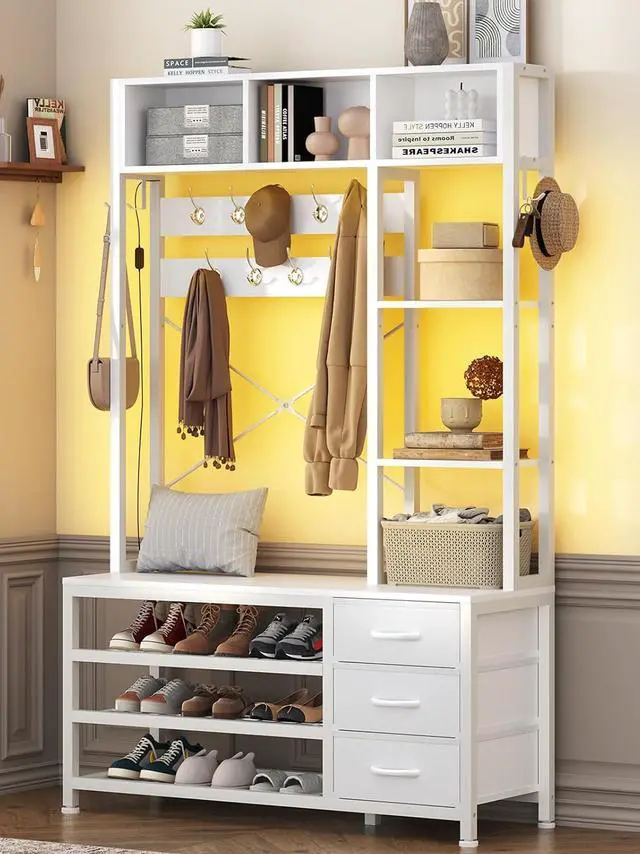 Main image of 39.4'' Hall Tree with Bench and Shoe Storage, Entryway Bench with Coat Rack, 25-in-1 Tall Hall Tree with Led Lights (White)
