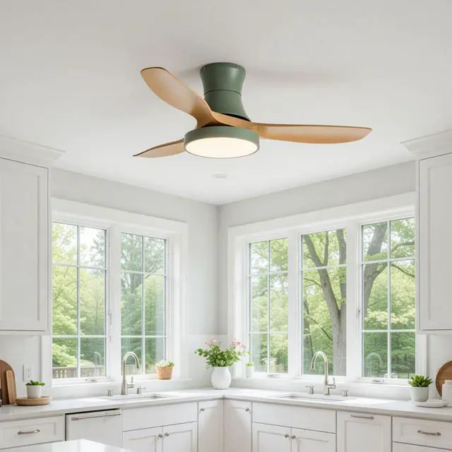 Alt view image 2 of 7 - Ceiling Fan with Lights and Remote, 42 inch Imitation Wood Ceiling Fans, 6 Speeds DC Reversible, 3CCT Dimmable, Mute Low Profile Ceiling Fan for Bedroom, Living Room(Green)