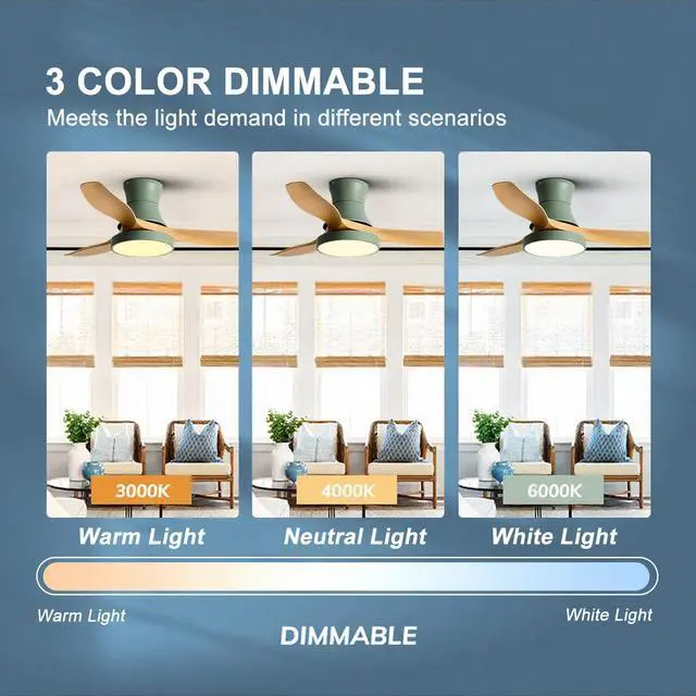Alt view image 4 of 7 - Ceiling Fan with Lights and Remote, 42 inch Imitation Wood Ceiling Fans, 6 Speeds DC Reversible, 3CCT Dimmable, Mute Low Profile Ceiling Fan for Bedroom, Living Room(Green)