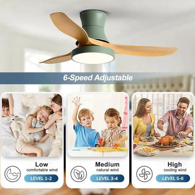Alt view image 5 of 7 - Ceiling Fan with Lights and Remote, 42 inch Imitation Wood Ceiling Fans, 6 Speeds DC Reversible, 3CCT Dimmable, Mute Low Profile Ceiling Fan for Bedroom, Living Room(Green)