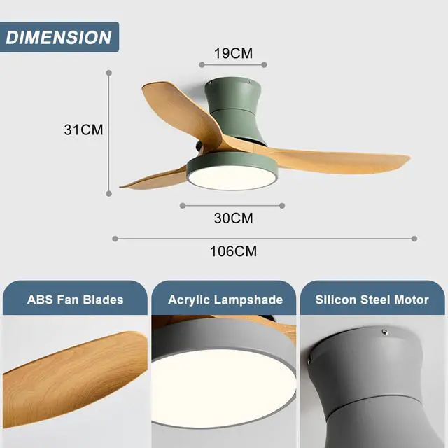 Alt view image 6 of 7 - Ceiling Fan with Lights and Remote, 42 inch Imitation Wood Ceiling Fans, 6 Speeds DC Reversible, 3CCT Dimmable, Mute Low Profile Ceiling Fan for Bedroom, Living Room(Green)