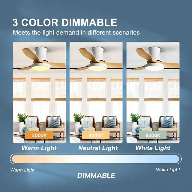 Alt view image 4 of 7 - Ceiling Fan with Lights and Remote, 42 inch Imitation Wood Ceiling Fans, 6 Speeds DC Reversible, 3CCT Dimmable, Mute Low Profile Ceiling Fan for Bedroom, Living Room(White)
