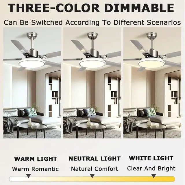 Alt view image 5 of 7 - 42 Inch Ceiling Fan with Lights and Remote Modern Stainless Steel Bedroom Ceiling Fan Simple 3 Speed 3 Color Dimmable Fan Light Outdoor Ceiling Fans for Patios with Light