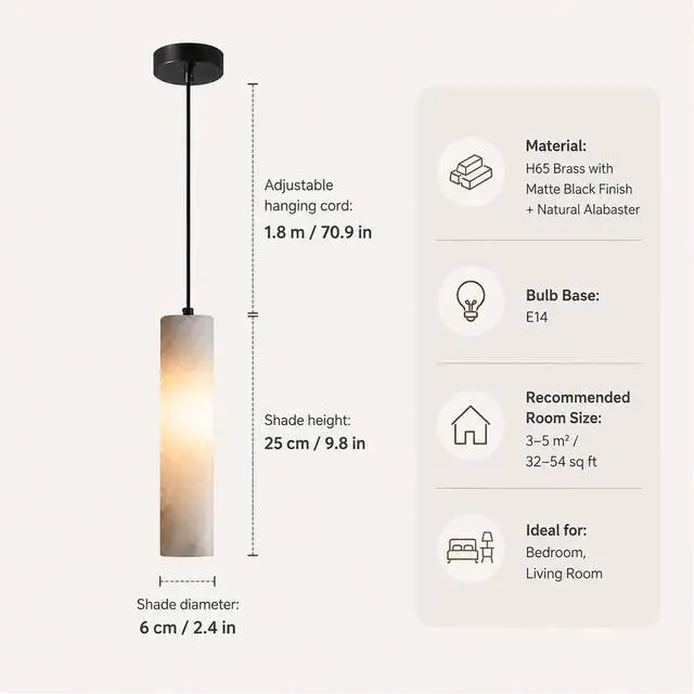 Alt view image 3 of 7 - Natural Alabaster Pendant Light, Marble Long Tube Pendant Light Fixture with Brass Finish, E14 Modern Hanging Ceiling Light for Kitchen Island, Dining Room, Bedroom, Living Room