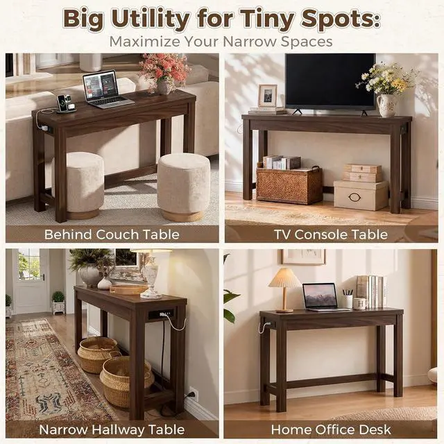 Alt view image 7 of 7 - 47" Console Table with Charging Station, 13.8" Deep Farmhouse Sofa Table Behind Couch with 2 AC Outlets & 3 USB Ports, Entryway TV Console or Compact Home Office Desk, Black Walnut
