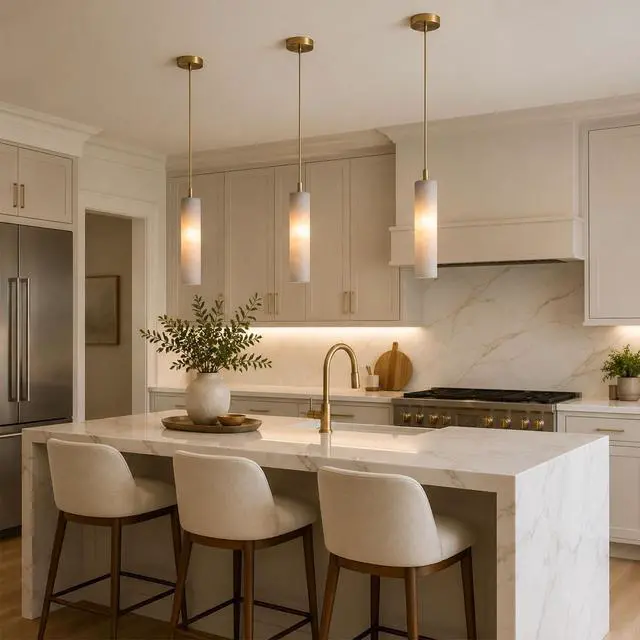 Alt view image 2 of 7 - Natural Alabaster Pendant Light, Marble Long Tube Pendant Light Fixture with Brass Finish, E14 Modern Hanging Ceiling Light for Kitchen Island, Dining Room, Bedroom, Living Room