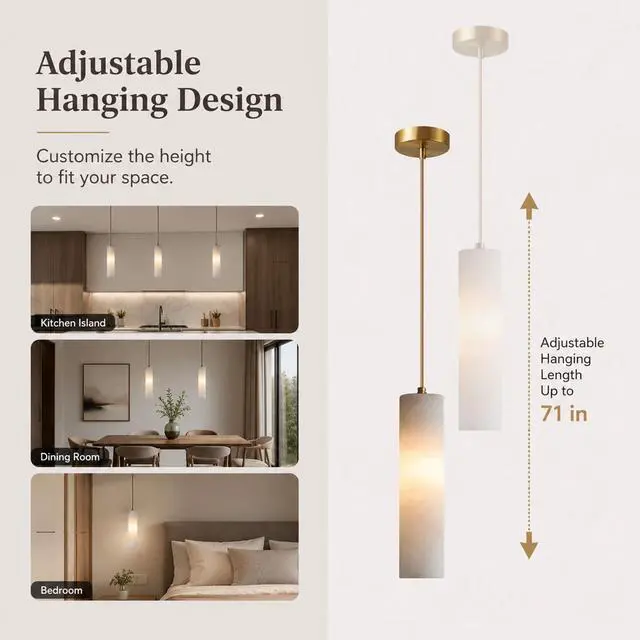 Alt view image 4 of 7 - Natural Alabaster Pendant Light, Marble Long Tube Pendant Light Fixture with Brass Finish, E14 Modern Hanging Ceiling Light for Kitchen Island, Dining Room, Bedroom, Living Room