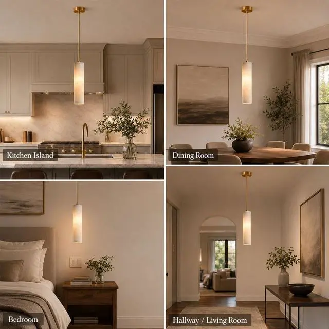 Alt view image 5 of 7 - Natural Alabaster Pendant Light, Marble Long Tube Pendant Light Fixture with Brass Finish, E14 Modern Hanging Ceiling Light for Kitchen Island, Dining Room, Bedroom, Living Room