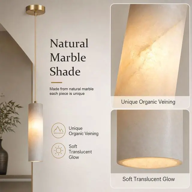 Alt view image 7 of 7 - Natural Alabaster Pendant Light, Marble Long Tube Pendant Light Fixture with Brass Finish, E14 Modern Hanging Ceiling Light for Kitchen Island, Dining Room, Bedroom, Living Room