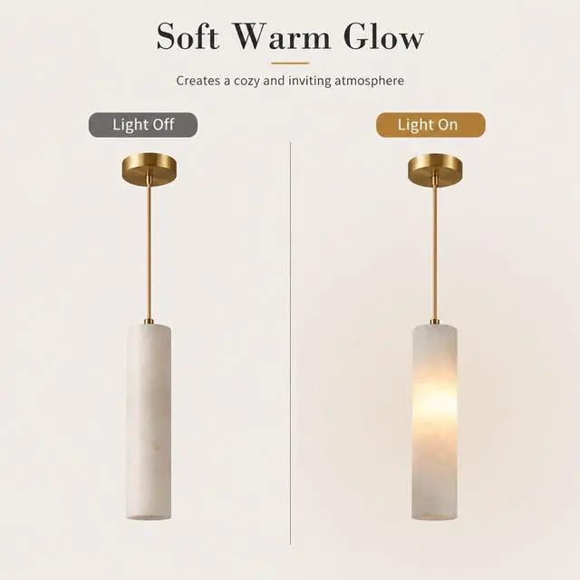 Alt view image 6 of 7 - Natural Alabaster Pendant Light, Marble Long Tube Pendant Light Fixture with Brass Finish, E14 Modern Hanging Ceiling Light for Kitchen Island, Dining Room, Bedroom, Living Room