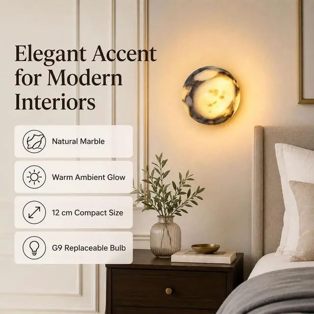 Alt view image 2 of 7 - 4.7 inch Marble Wall Light, Globe Natural Alabaster Wall Sconce, Modern 1-Light Wall Sconce for Bedroom, Living Room, Dining Room, Hallway, Pearl Black