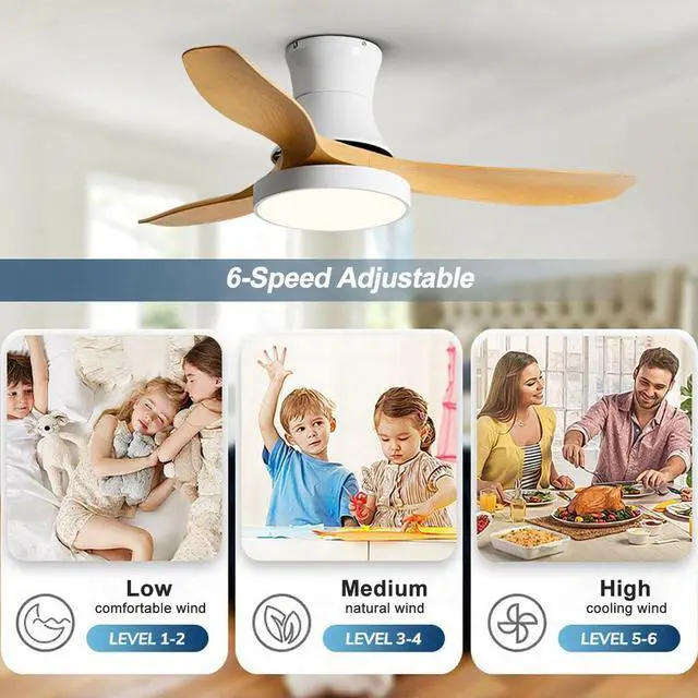 Alt view image 5 of 7 - Ceiling Fan with Lights and Remote, 42 inch Imitation Wood Ceiling Fans, 6 Speeds DC Reversible, 3CCT Dimmable, Mute Low Profile Ceiling Fan for Bedroom, Living Room(White)