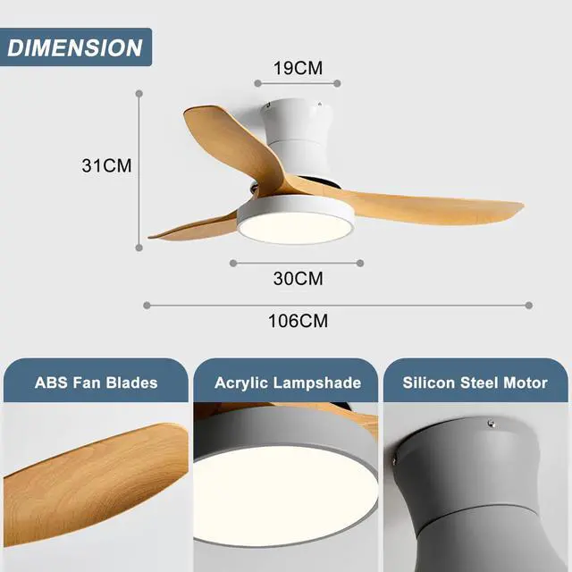 Alt view image 6 of 7 - Ceiling Fan with Lights and Remote, 42 inch Imitation Wood Ceiling Fans, 6 Speeds DC Reversible, 3CCT Dimmable, Mute Low Profile Ceiling Fan for Bedroom, Living Room(White)