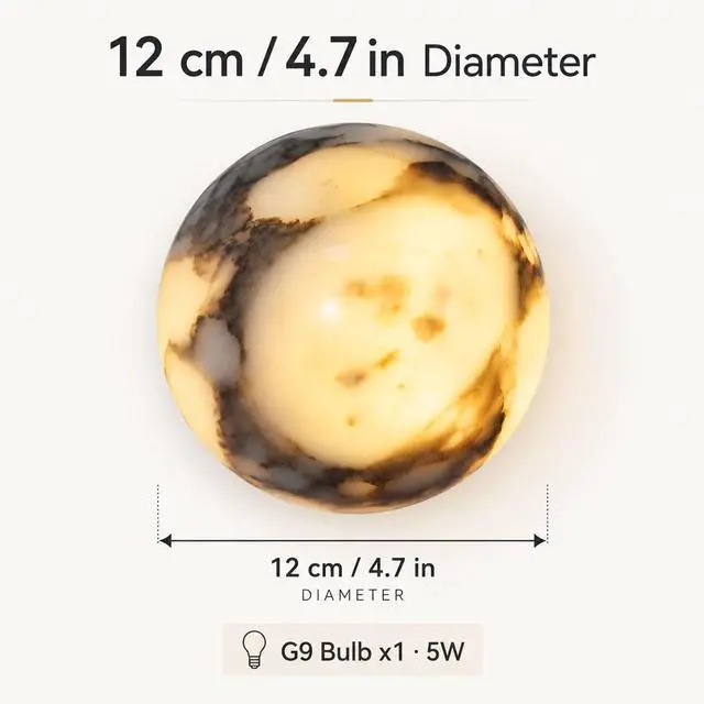 Alt view image 4 of 7 - 4.7 inch Marble Wall Light, Globe Natural Alabaster Wall Sconce, Modern 1-Light Wall Sconce for Bedroom, Living Room, Dining Room, Hallway, Pearl Black