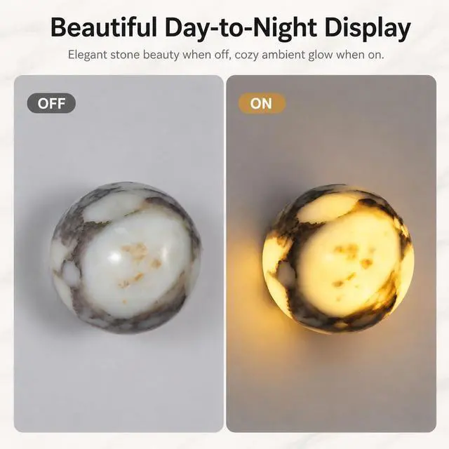 Alt view image 5 of 7 - 4.7 inch Marble Wall Light, Globe Natural Alabaster Wall Sconce, Modern 1-Light Wall Sconce for Bedroom, Living Room, Dining Room, Hallway, Pearl Black
