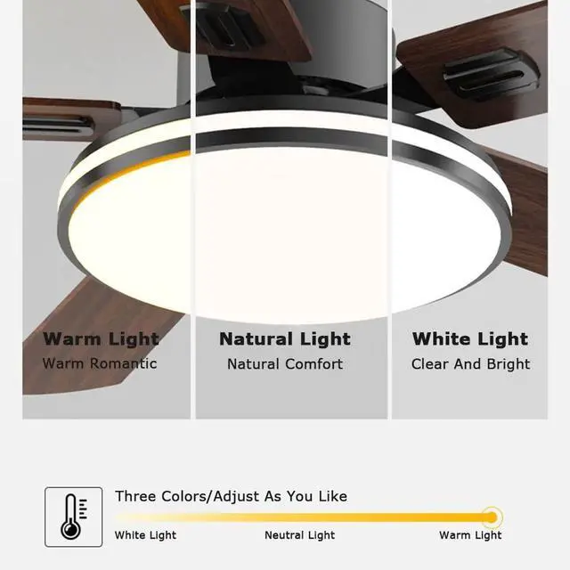 Alt view image 4 of 7 - 45 Inch 3 Color Dimmable Ceiling Fan with Lights Smart Ceiling Fans with Lights and Remote Wood Modern Low Profile Ceiling Fan with Light Mute Ceiling Fan for Bedroom