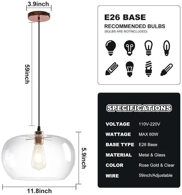 Alt view image 4 of 7 - 2 Pack Modern Clear Glass Pendant Lighting, Adjustable Pendant Light for Kitchen Island, 11.8 inch Hanging Indoor Pendant Light Fixtures Rose Gold Finish Farmhouse Dinning Over Sink