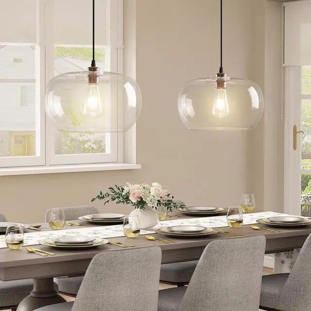 Alt view image 6 of 7 - 2 Pack Modern Clear Glass Pendant Lighting, Adjustable Pendant Light for Kitchen Island, 11.8 inch Hanging Indoor Pendant Light Fixtures Rose Gold Finish Farmhouse Dinning Over Sink
