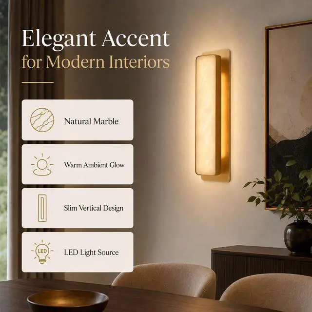 Alt view image 2 of 7 - Natural Alabaster Wall Sconce, 3CCT LED Marble Wall Light with Brass Finish, 20 inch Modern Square Wall Lamp for Bedroom, Living Room, Bathroom, Hallway
