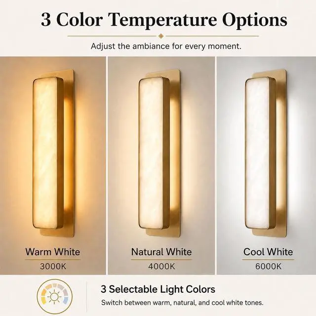 Alt view image 3 of 7 - Natural Alabaster Wall Sconce, 3CCT LED Marble Wall Light with Brass Finish, 20 inch Modern Square Wall Lamp for Bedroom, Living Room, Bathroom, Hallway