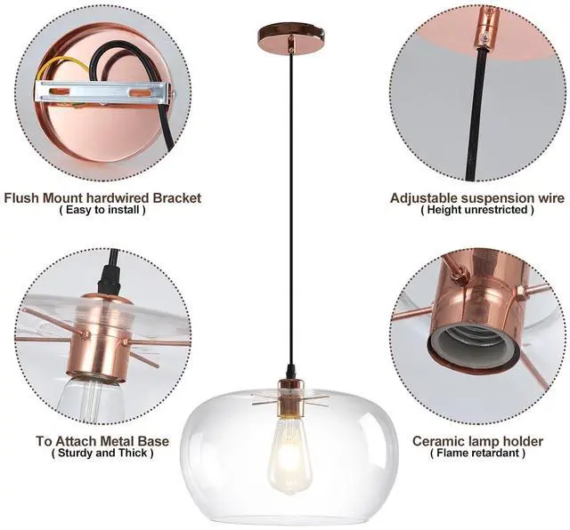Alt view image 7 of 7 - 2 Pack Modern Clear Glass Pendant Lighting, Adjustable Pendant Light for Kitchen Island, 11.8 inch Hanging Indoor Pendant Light Fixtures Rose Gold Finish Farmhouse Dinning Over Sink