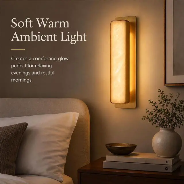 Alt view image 5 of 7 - Natural Alabaster Wall Sconce, 3CCT LED Marble Wall Light with Brass Finish, 20 inch Modern Square Wall Lamp for Bedroom, Living Room, Bathroom, Hallway