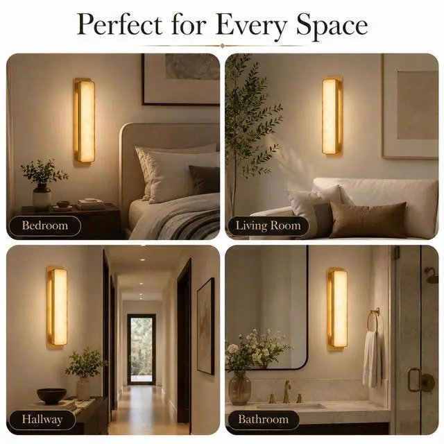 Alt view image 6 of 7 - Natural Alabaster Wall Sconce, 3CCT LED Marble Wall Light with Brass Finish, 20 inch Modern Square Wall Lamp for Bedroom, Living Room, Bathroom, Hallway