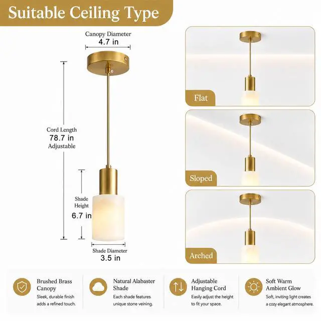 Alt view image 3 of 7 - Alabaster Pendant Light, White Hanging Light for Kitchen Island | Natural Alabaster Marble Shade, Brass Finish, Adjustable 78.7 in Cord, E26 Socket, For Kitchen Island And Dining Room