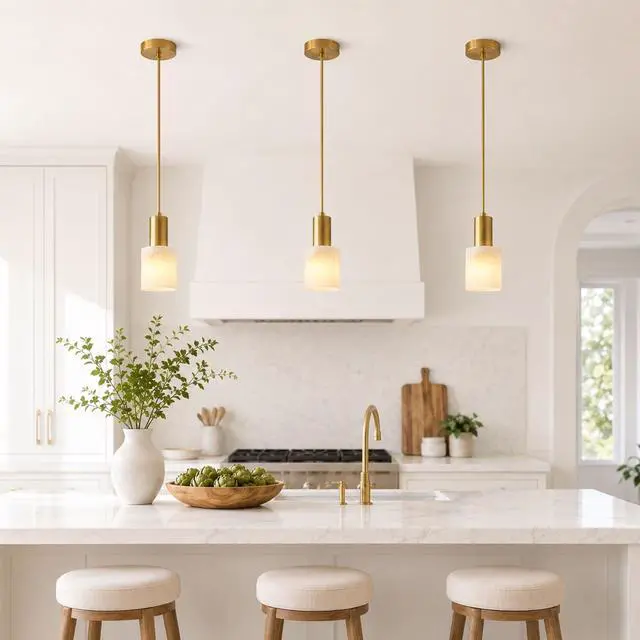 Alt view image 4 of 7 - Alabaster Pendant Light, White Hanging Light for Kitchen Island | Natural Alabaster Marble Shade, Brass Finish, Adjustable 78.7 in Cord, E26 Socket, For Kitchen Island And Dining Room