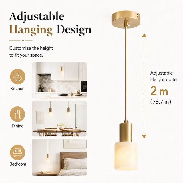 Alt view image 5 of 7 - Alabaster Pendant Light, White Hanging Light for Kitchen Island | Natural Alabaster Marble Shade, Brass Finish, Adjustable 78.7 in Cord, E26 Socket, For Kitchen Island And Dining Room