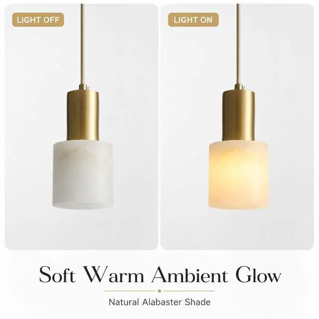 Alt view image 6 of 7 - Alabaster Pendant Light, White Hanging Light for Kitchen Island | Natural Alabaster Marble Shade, Brass Finish, Adjustable 78.7 in Cord, E26 Socket, For Kitchen Island And Dining Room