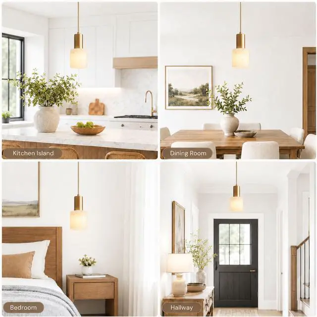 Alt view image 7 of 7 - Alabaster Pendant Light, White Hanging Light for Kitchen Island | Natural Alabaster Marble Shade, Brass Finish, Adjustable 78.7 in Cord, E26 Socket, For Kitchen Island And Dining Room