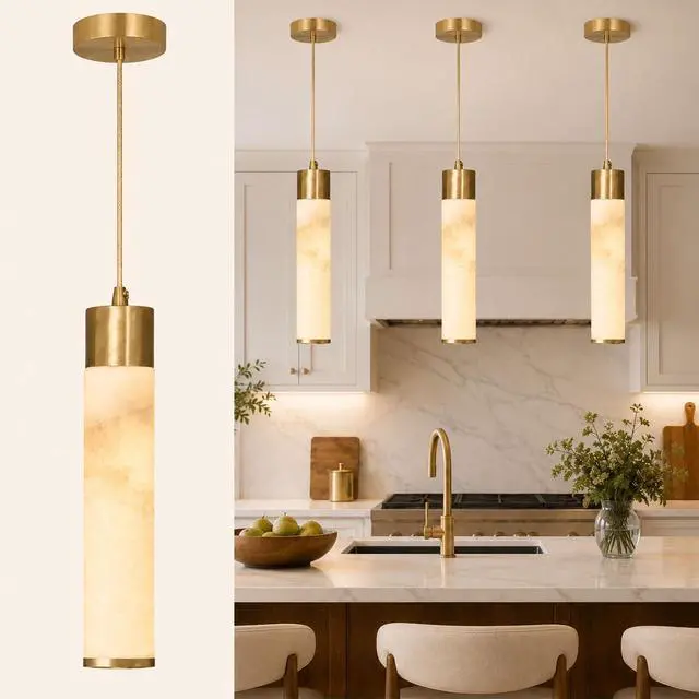 Main image of Natural Alabaster Pendant Light, Slim Marble Pendant Light Fixture | with Brass Finish, 1-Light Hanging Ceiling Light for Kitchen Island, Dining Room, Bedroom, Living Room