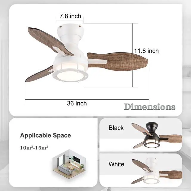 Alt view image 7 of 7 - 36 inch Ceiling Fan with Lights Low Profile Ceiling Fan with Light and Remote, Reversible, 3CCT, Dimmable, Noiseless, Flush Mount Ceiling Fan for Bedroom, Indoor/Outdoor Use