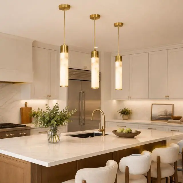 Alt view image 2 of 7 - Natural Alabaster Pendant Light, Slim Marble Pendant Light Fixture | with Brass Finish, 1-Light Hanging Ceiling Light for Kitchen Island, Dining Room, Bedroom, Living Room